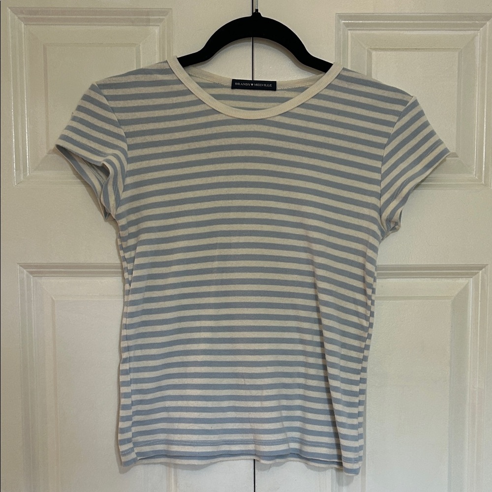 Brandy Melville Sky Blue and Cream Striped Tee
